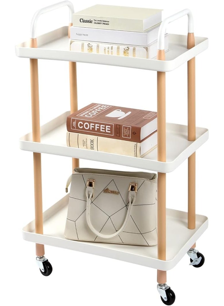 رف تخزين متعدد الوظائف بعربة دفع دوارة أنيقة مكونة من 3 طبقات مع صواني وعجلات قابلة للقفل لتوفير المساحة للمنزل والمطبخ وغرفة النوم والبار وغرفة الطعام وغرفة المعيشة - مستطيل أبيض - Image 1